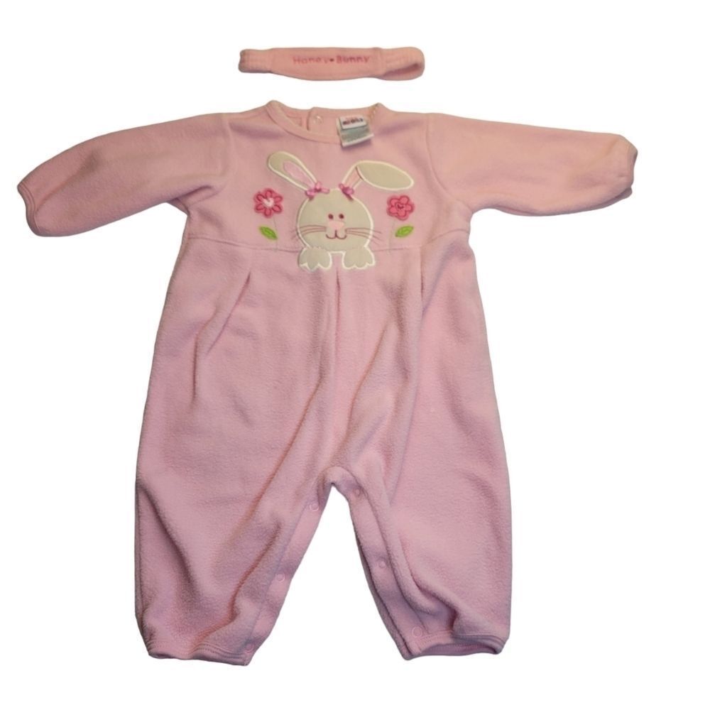 BABY Okie Dokie Vintage Pink Fleece Coverall and Headband Girls 6-9mo Easter